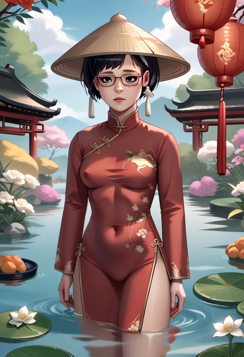 zPDXL, zPDXLxxx, <lora:Smooth Anime 2 Style SDXL_LoRA_Pony Diffusion V6 XL:1>, source_anime,<lora:Diane_Nguyen_Bojack_Horseman_for_PonyXL:0.8>,diane_nguyen, vietnamese dress, glasses, hat, rice hat, chinese clothes, flower, 1girl, short hair, dress, solo, white flower, black eyes, long sleeves, china dress, outdoors, pond, flowers
