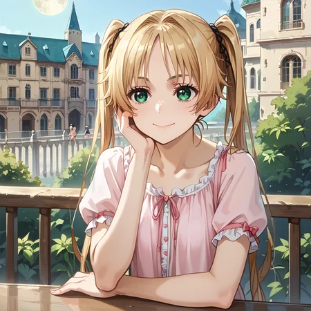 score_9, score_8_up, score_7_up, score_6_up, source_anime, anime style, (high detailed illustration), castle, 1girl,  <lora:angelica:0.9> angelica, twintails, balcony, head rest, hand on own face, arm rest on railing, happy face, looking looking away, grasslands, full moon, light rain, magical lights,  <lora:basic Victorian nightgown:0.75> basic Victorian nightgown, long nightgown, drawstring neckline, short [puffy] sleeves, Nightgown hem floral lace embroidery