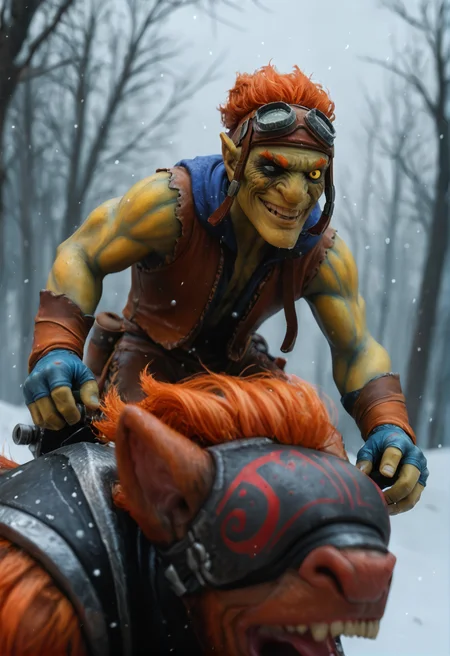 <lora:batrider_v1:1> yellow skin, batrider_v1, 1boy, goggles, goggles on head, colored skin, smile, pointy ears, gloves, teeth, grin, , orange hair, riding, red hair, sharp teeth, yellow eyes, score_9, score_8_up, score_7_up, score_6_up, derpibooru_p_95,
detailed eyes, beautiful, detailed background, perfect eyes,
blur censor, blurry, blurry background, blurry foreground, bokeh, motion blur,
chromatic aberration, depth of field, figure, focused, focus
photography, realistic sun light and shadows, photorealism, UHD --ar 9:16 --style raw --stylize 700,
solo,
winter, snow, snowing, glowing snowflakes, night, dark,, The scene is dynamic and filled with motion,