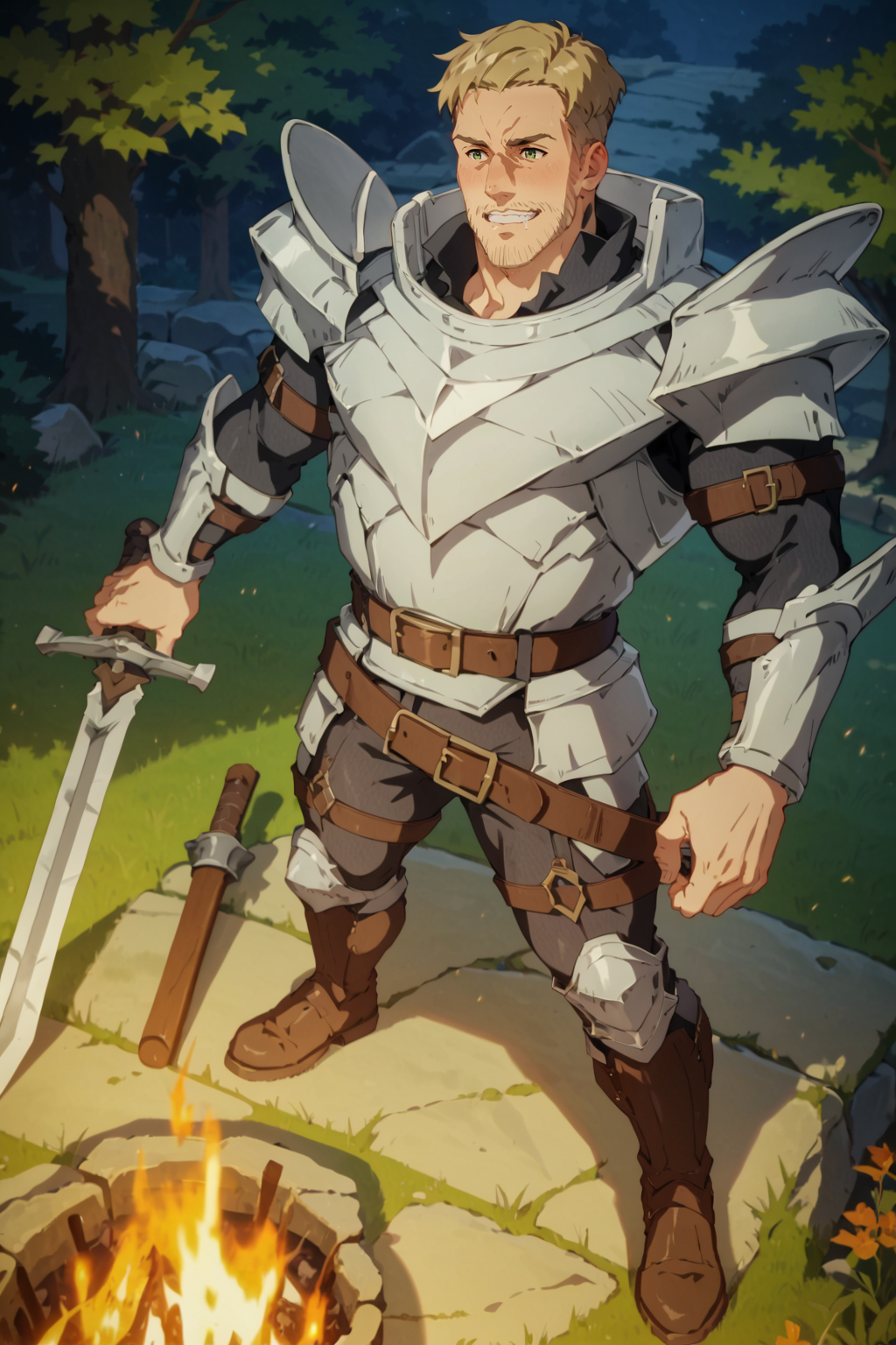score_9,score_7_up,score_6_up,score_5_up,score_4_up, 1boy, solo, bara, muscular male, beard, blonde hair, green eyes, ear blush, nose blush, orgasm, saliva, outdoors, narrow waist, grin, standing, high angle, full body, belt, armor, big sword, holding sword, perfect anatomy, perfect proportions, best quality, masterpiece, high_resolution, high quality, best aesthetic, incredibly absurdres, highres, extremely detailed, huge filesize, source_anime \(campfire cooking in another world with my absurd skill\), sharp shadows, direct lighting, vibrant colors, glow effect, bloom, edge color fringing, chromatic aberration,  <lora:Werner_-_Campfire_Cooking_in_Another_World_with_My_Absurd_Skill-000009:1>, Werner from anime \(campfire cooking in another world with my absurd skill\),  <lora:add-detail-xl:1>,  <lora:Anime Summer Days 2 Style SDXL_LoRA_Pony Diffusion V6 XL:0.8>,