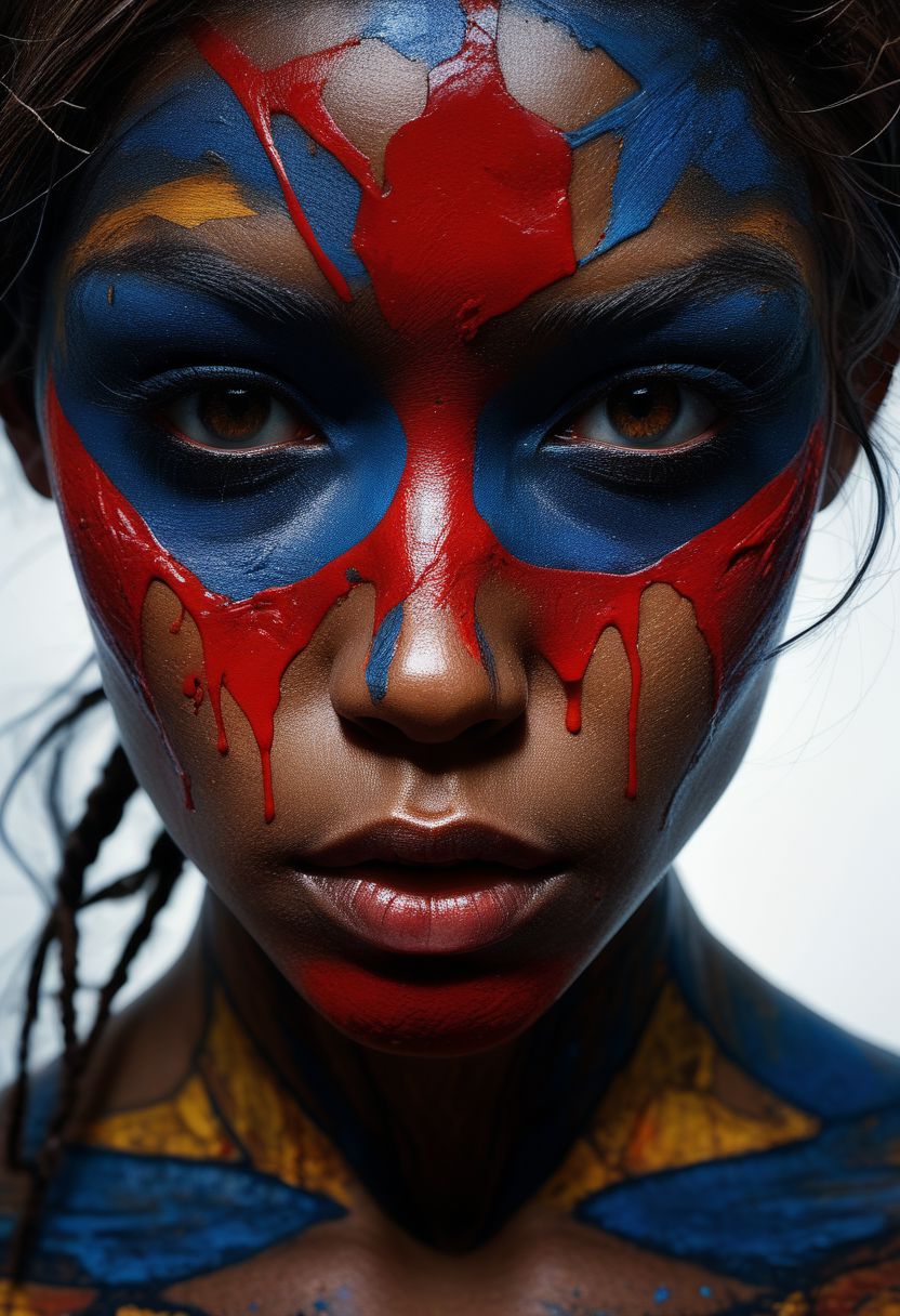 Close-up face, mysterious silhouette of an exotic coloured girl in worn down clothing, bloody war-paint over eyes only, goddess, alluring, by Minjae Lee, Carne Griffiths, Emily Kell, Steve McCurry, Geoffroy Thoorens, Aaron Horkey, Jordan Grimmer, Greg Rutkowski, amazing depth, double exposure, surreal, geometric patterns, intricately detailed, bokeh,  perfect balanced, deep fine borders, artistic photorealism , smooth,  great masterwork by Suiras  <lora:add-detail-xl:2>  <lora:Double_Exposure:0.5>