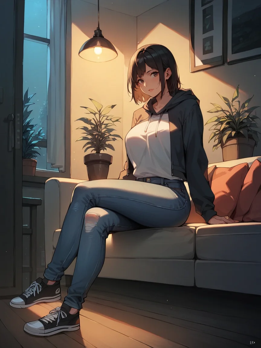 score_9, score_8_up, score_7_up, score_6_up,  <lora:d4rkv1b3XLP:0.8> d4rkv1b3, dark, night, 1girl, sitting, potted plant, living room, curvy, jeans, hoodie