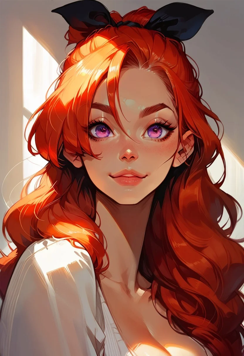 score_9, score_8_up, score_7_up, score_6_up, Bamirade, purple eyes, red hair,  hair bow, big breasts, smile