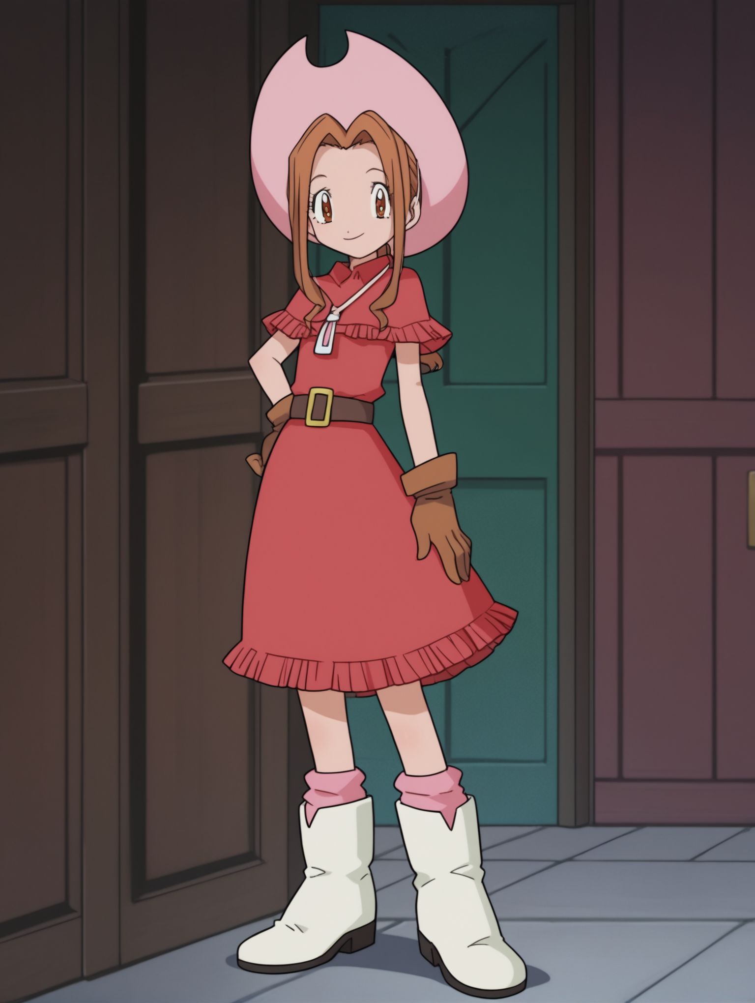 score_9, score_8_up, score_7_up, score_6_up, score_5_up, score_4_up, source_anime, BREAK
looking at viewer,  <lora:Digimon:0.8> digimon, 1girl, solo, mimi, brown hair, brown eyes, ponytail, red dress, cowboy hat, pink socks, brown gloves, belt, boots, white boots