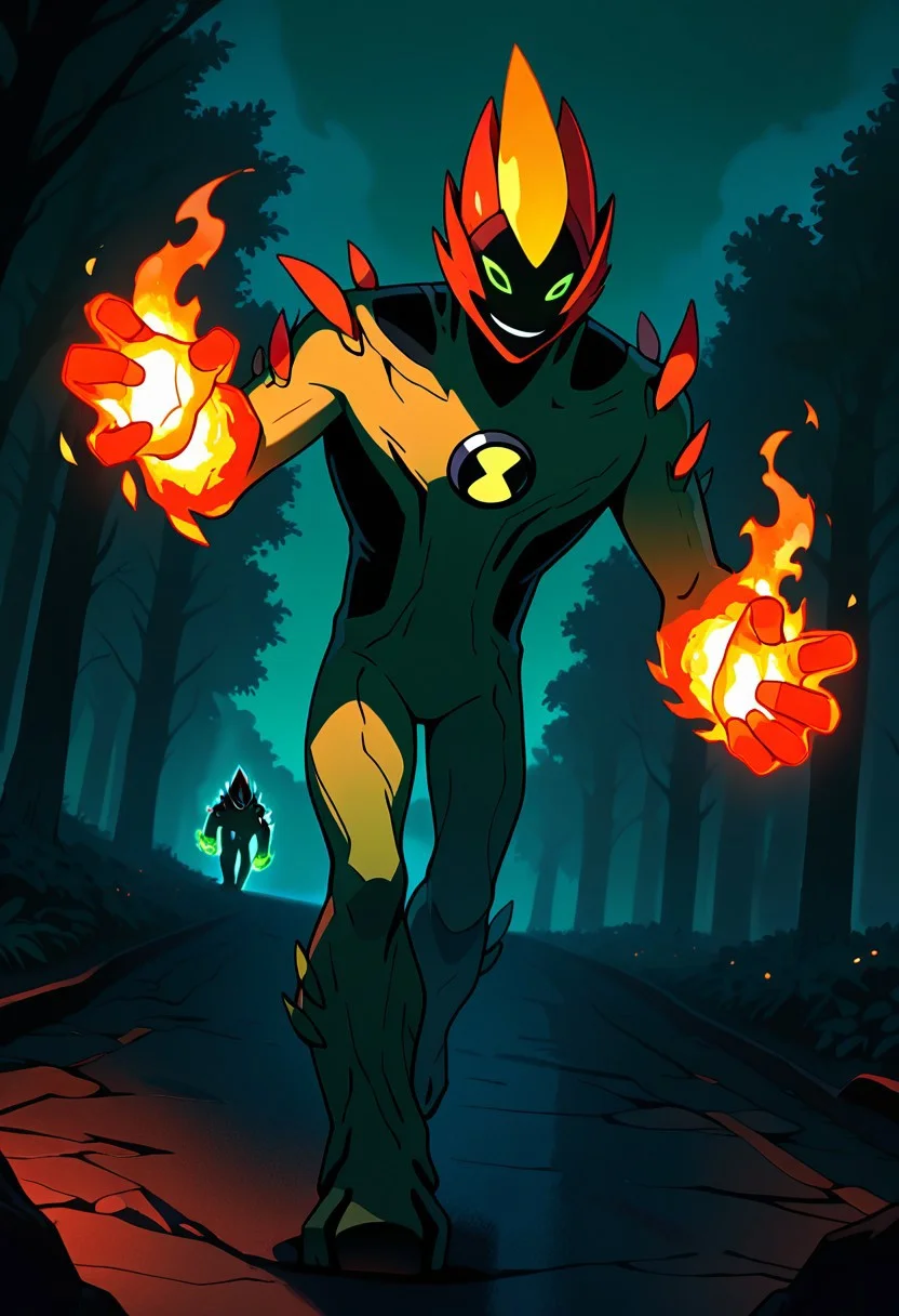 masterpiece, best quality, amazing quality, very aesthetic, absurdres, newest,
swampfire, colored skin, spikes, colored sclera, 1boy, green skin, green eyes, pokemon (creature), shoulder spikes, no humans, smile, green background, smiling,,
dark, glowing eyes, fire hands, walking, night time, fire punch,