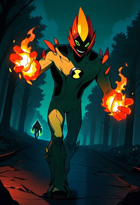 masterpiece, best quality, amazing quality, very aesthetic, absurdres, newest,
swampfire, colored skin, spikes, colored sclera, 1boy, green skin, green eyes, pokemon (creature), shoulder spikes, no humans, smile, green background, smiling,,
dark, glowing eyes, fire hands, walking, night time, fire punch,