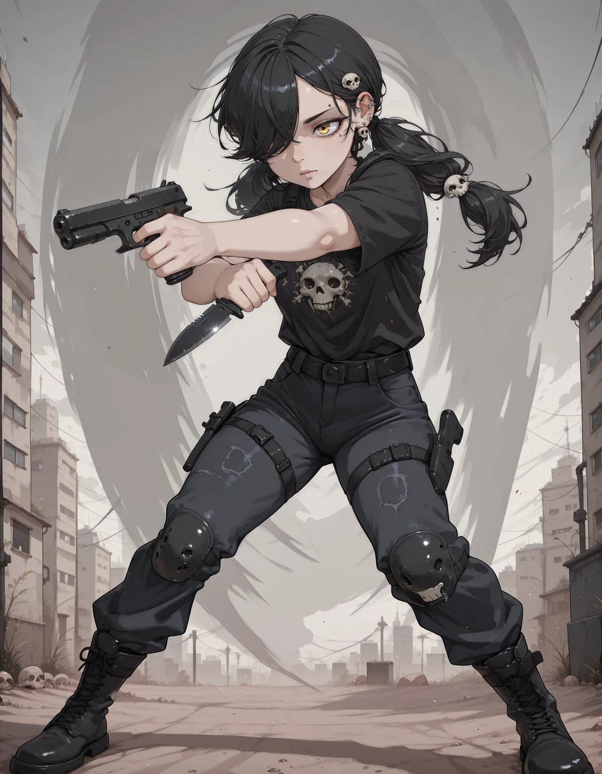 1girl, <lora:pistol_x_tac_knife_v1.0-000010:1> pistol_x_tac_knife, holding pistol and knife, finger on trigger, aiming, knife, <lora:Sam_Spartan_My_OC_for_Illustrious:0.5> s4m_sp4rt4n, solo, hair over one eye, black hair, hair ornament, yellow eyes, long hair, twintails, skull hair ornament, earrings, piercing, black shirt, black jeans, boots, abstract background