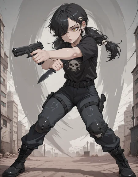 1girl, <lora:pistol_x_tac_knife_v1.0-000010:1> pistol_x_tac_knife, holding pistol and knife, finger on trigger, aiming, knife, <lora:Sam_Spartan_My_OC_for_Illustrious:0.5> s4m_sp4rt4n, solo, hair over one eye, black hair, hair ornament, yellow eyes, long hair, twintails, skull hair ornament, earrings, piercing, black shirt, black jeans, boots, abstract background
