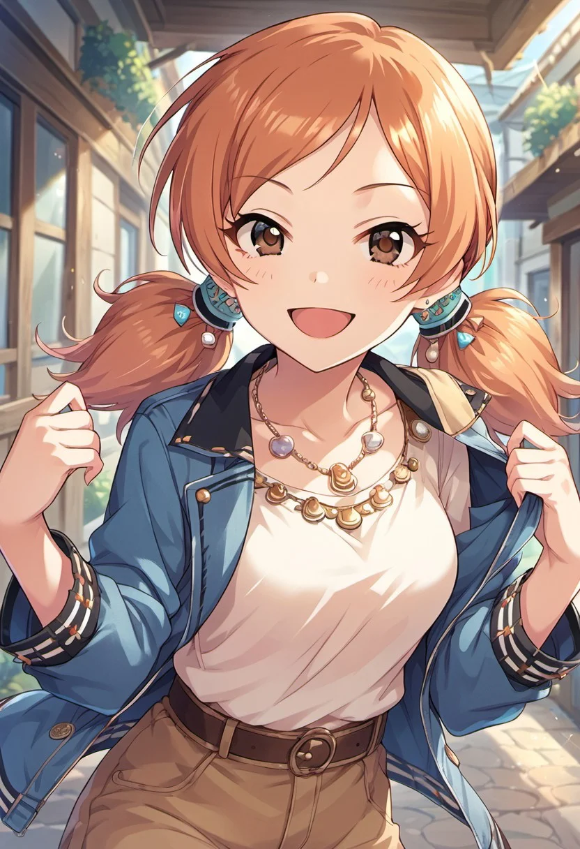 score_9, score_8_up, score_7_up, source_anime,komatsu ibuki, brown eyes, orange hair, 1girl, solo, twintails,jewelry, necklace, smile, open mouth, looking at viewer, hair ornament