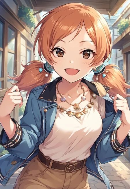 score_9, score_8_up, score_7_up, source_anime,komatsu ibuki, brown eyes, orange hair, 1girl, solo, twintails,jewelry, necklace, smile, open mouth, looking at viewer, hair ornament