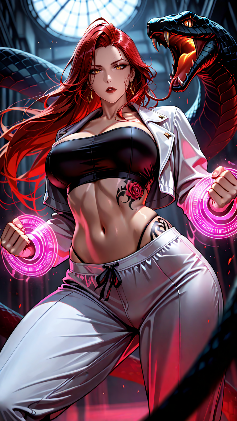 best, quality, masterpiece, amazing quality, very aesthetic, high resolution, ultra-detailed, depth of field, volumetric lighting, highly detailed, 8k, newest, BREAK, absurdres,solo,masterpiece ,best quality,1girl,looking_at_viewer,,long-hair,forehead,red_hair, tube_top,cropped_jacket,pajamas,dark_contrast,dark scheme,Dramatic Power Stance,The character standing with legs wide apart, fists clenched and glowing with power, their chest puffed out and an intense expression of confidence on their face,midriff_tattoo,snake_design midriff,_ tattoo,midriff,navel,(wide midriff:1.0), thick,Noir Lighting,bodybuilder,beefy,(muscular_body:1.0),wide hips,(wide_waist:1.0) midriff focus,ultra-detailed ,finely detailed ,high resolution ,perfect dynamic composition ,detailed eyes ,Noir lighting ,detailed background ,depth of fields ,perfect proportion ,harmonious composition, high quality,4k,baddie,solo