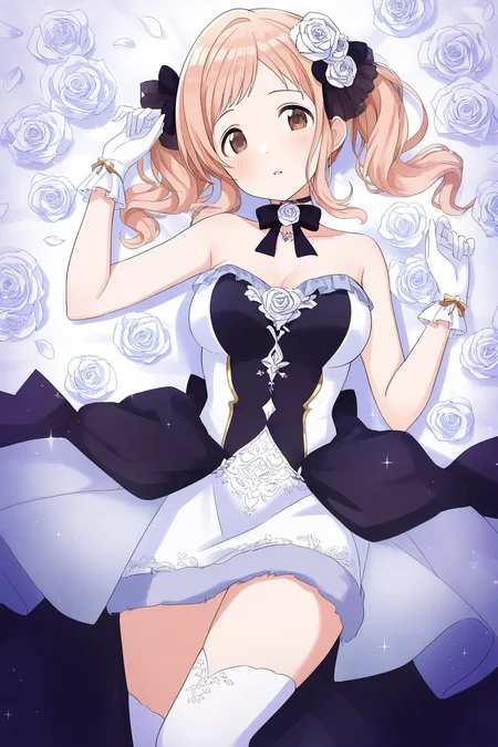 <lora:SakuragiMano:0.8>, Sakuragi Mano, 1girl, solo, lying, twintails, on back, dress, breasts, white dress, looking at viewer, flower, gloves, hair ornament, blush, white gloves, white flower, thighhighs, hair flower, sparkle, parted lips, bare shoulders, ribbon, bow, frills, white rose, strapless, jewelry, choker, open mouth, rose, black bow