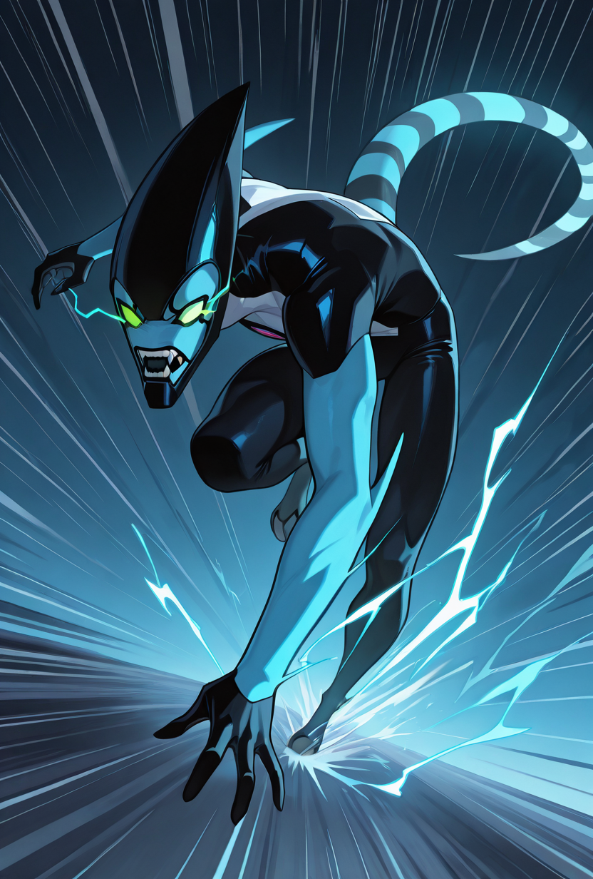 <lora:xlr8-07:1> xlr8, solo, green eyes, blue skin, , stripped tail, 1boy, black mouth, mouth strip, lines from mouth edges, dynamic pose, speeding, speed lines, fast, running, detailed background,   superspeed, running, blue electricity, motion blur, blue light trail, , || glowing eyes, eye trail, masterpiece, best quality, amazing quality, very aesthetic, absurdres, newest,