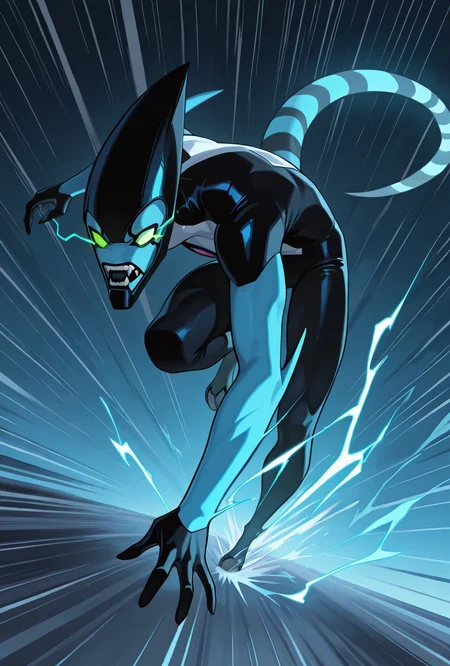 <lora:xlr8-07:1> xlr8, solo, green eyes, blue skin, , stripped tail, 1boy, black mouth, mouth strip, lines from mouth edges, dynamic pose, speeding, speed lines, fast, running, detailed background,   superspeed, running, blue electricity, motion blur, blue light trail, , || glowing eyes, eye trail, masterpiece, best quality, amazing quality, very aesthetic, absurdres, newest,