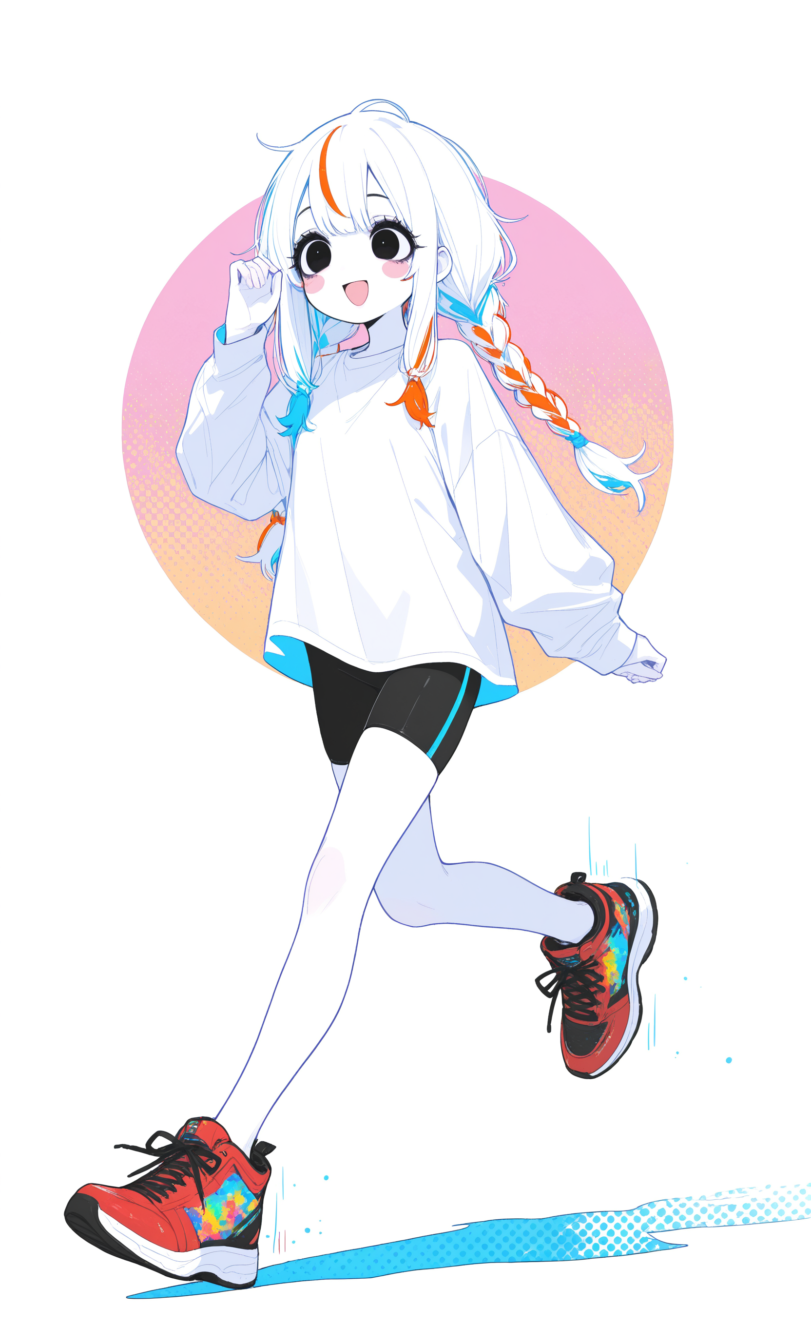 masterpiece, best quality, good quality, newest, highres, absurdres,1girl, solo, long hair, blush, smile, open mouth, simple background, shirt, long sleeves, white background, blue hair, white shirt, full body, white hair, braid, multicolored hair, :d, red hair, shorts, shoes, hand up, orange hair, black eyes, streaked hair, twin braids, shadow, blush stickers, happy, motion lines, sneakers, red footwear, bike shorts, tareme, cross-laced footwear, walking, dot nose, running, no nose, limited palette, halftone, colorful, circle, shoelaces, multicolored footwear, high tops, xxx667_illu, glowing, tfaix, <lora:illustriousXL_stabilizer_v1.23:0.3> <lora:NOOB_vp1_detailer_by_volnovik_v1:0.3> <lora:ponyv6_noobE11_2_adamW-000017:0.3> <lora:XXX667:0.75> <lora:tenebriflora-wai:0.6>