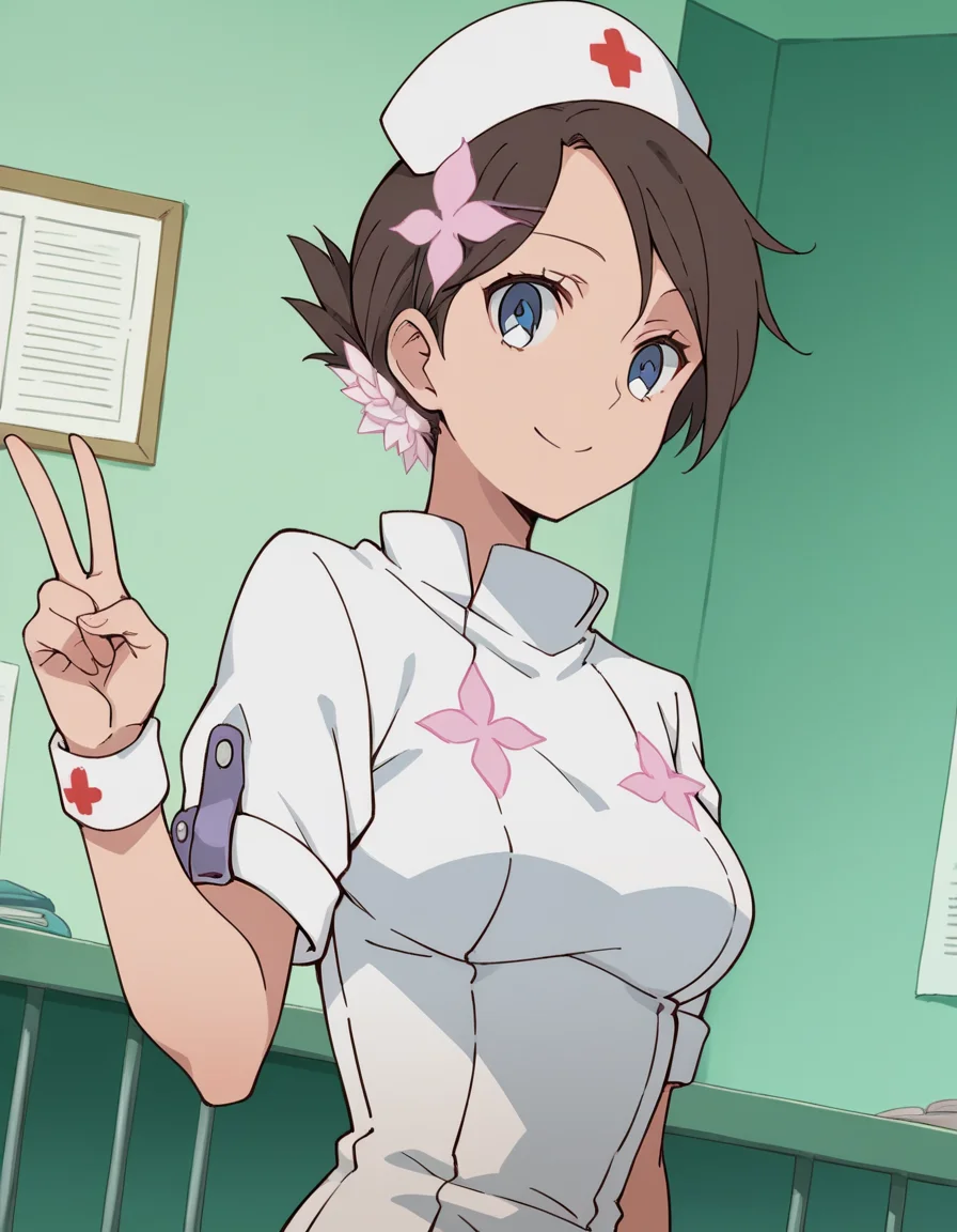 score_9, score_8_up, score_7_up, source_anime, <lora:v-juli-f-hnu-ponyxl-lora-nochekaiser:1>, v juli f, short hair, blue eyes, brown hair, flower, hair flower,, hat, nurse cap, nurse, short sleeves,, indoors, smile, looking at viewer, solo,, cowboy shot, dutch angle