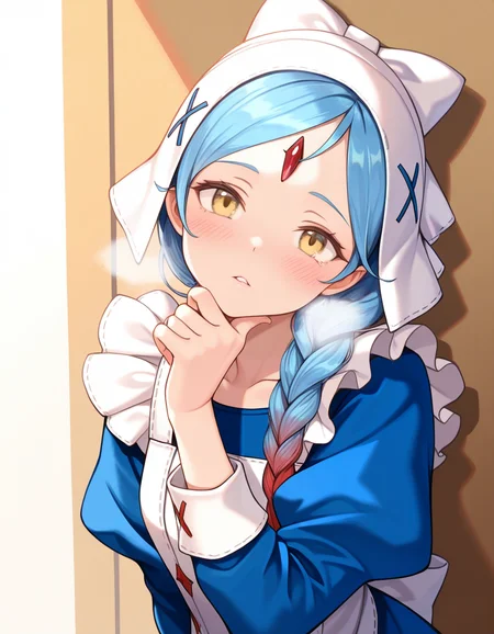 masterpiece, best quality, amazing quality,
LilithFEIF, long hair, braided, two-tone hair, yellow eyes, Blue Maid Costume, Apron, White Bonnet, bowtie, blue stitch, forehead crystal, 1girl, brown boots,
Closeup, hand under chin, hand on chest, parted lips, headtilt, hot breath, blush