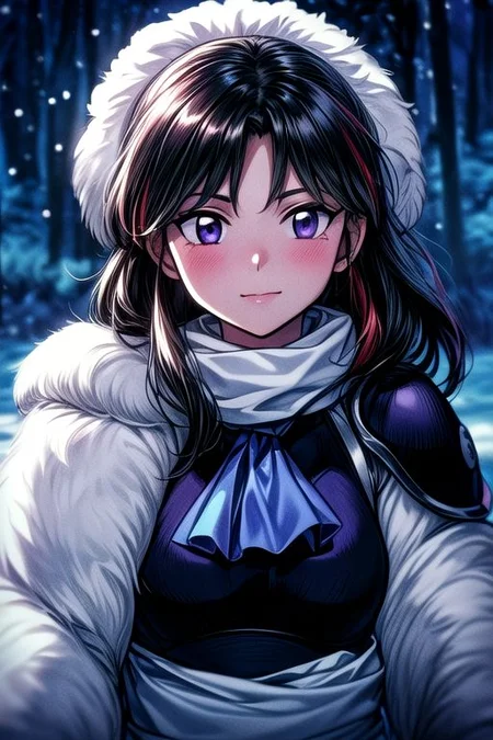 1girl Setsun4 solo long hair, black hair very long hair purple eyes multicolored hair armor (fur trim) (medium body),<lora:EMS-179-EMS:0.800000>,<lora:EMS-293862-EMS:0.800000> bow, hair_bow, hair_tubes, red_bow, brown_hair, long_hair, bangs, ascot, frilled_bow, yellow_ascot, blush, smile, hair_between_eyes, athletic, (masterpiece:1.1), (best quality:1.1), 1girl, Real light and shadow, anime face, 4k, 8k, wallpaper,epic, detail texture, blonde hair, (blue eyes:1.5), ((((blond hair:1.35, medium hair)))),intricate eyes,beautiful detailed eyes,symmetrical eyes,big eyes:1.5,(((lustrous skin:1.5,bright skin: 1.5,skin tanned,shiny skin,very shiny skin,shiny body,plastic glitter skin,exaggerated shiny skin,illuminated skin))),(detailed body,(detailed face)), cute, erotic,daring, (((medieval man armor,adventurer man armor,winter coat))),(((intricate outfit,intricate clothes, ushanka, embroidered outfit,ornate outfit,embroidered clothes,ornate armor))), (dynamic pose:1.0),happy,smile,(centered,scale to fit dimensions,Rule of thirds), ((snowy pine forest at night)), with dark stormy clouds,winter,scenery:1.25,((snow forest background)),Christmas tree, highres,sharp focus,(ultra detailed,extremely detailed),(photorealistic artwork:1.37),(extremely detailed CG unity 8k wallpaper),(((vibrant colors,vibrant theme))),(intricate),(masterpiece),(best quality),