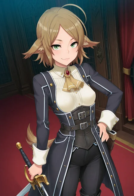 (1girl, solo) noa riads, animal ears, Green Eyes, tail, brown hair, short hair, Pretty eyes, , 1girl, solo,, brown hair,, fluffy tail, ahoge, animal ears, dog ears, small breasts, swept bangs , green eyes, animal ears, tail, , ,
Eye focus , shiny skin, shiny body, shiny hair, (best quality) , (highly detailed) ,((masterpiece)), ((best quality)), (ultra-detailed), ((extremely detailed)), (high resolution), 4K, (8K), best quality, (beautiful), (dynamic lighting), (super detailed skin), sharp focus,detailed eyes、detailed face and detailed skin detailed eyes、detailed face and detailed skin, , clear skin, shiny hair, ultra detailed eyes, depth of field, sharp, intricate details, hyperdetailed, ,
, best quality, (beautiful), (dynamic lighting) (standing, 3/4 view), perfect face, beautiful face, defined cheekbones, defined jawline, confident expression, narrow eyes, one hand on hip, perfect hands, black coat with decorative golden symbols, black leather underbust corset, black trousers, black boots, sword, sword on hip,(Pirate King), black coat with decorative golden symbols, black leather underbust corset, black trousers, black boots,
,, shindol style