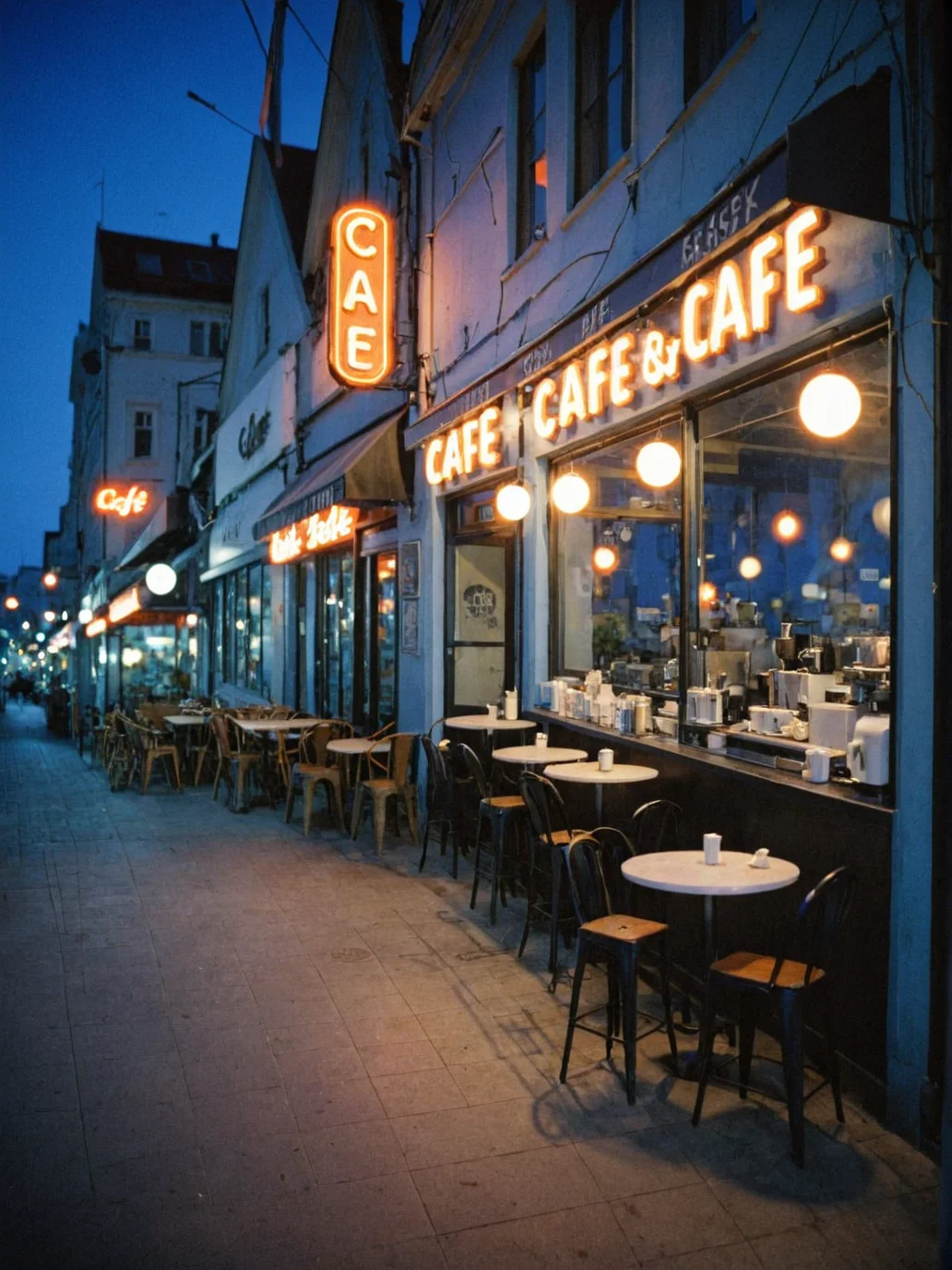 city, cafe, night, blue hour, cinestill 800t, film photo,  <lora:Cinestill 800T_epoch_4:1.0>