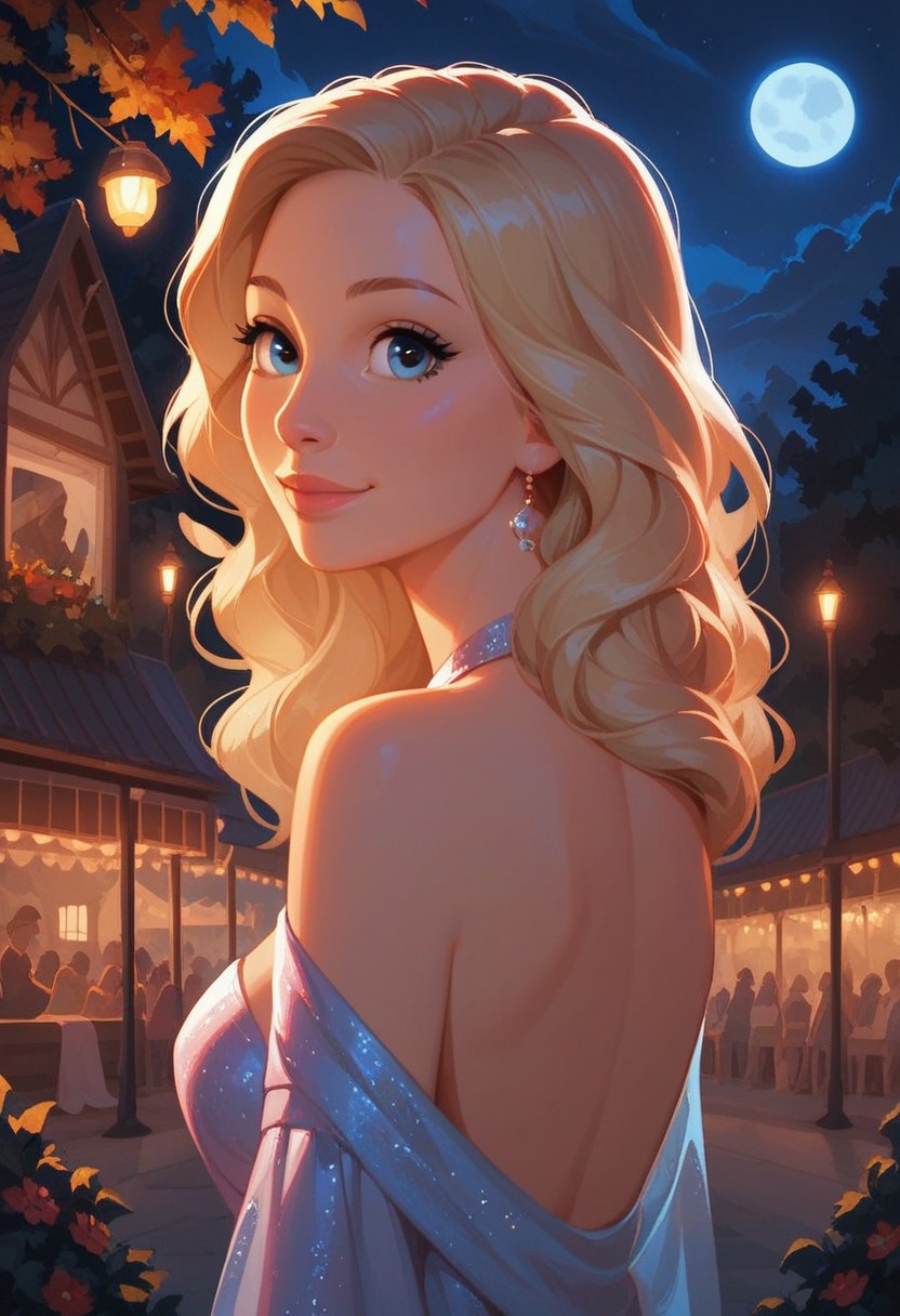 score_9,score_8_up,score_7_up,score_6_up, masterpiece, realistic, highly detailed, 1girl, Elle, perfect blue eyes, long wavy blonde hair, smile, back to viewer, head in profile, looking at viewer, eyelashes, glittering silver formal dress, elegant, busty, Town square, festival, evening, moon, ahops, buildings, street lamps, string lights, public, trees, (natural lighting:1.3), (cute intriguing face, slender natural body:1.1)
