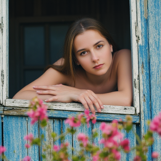 N4tur34rt5. This photograph captures a young woman with a light skin tone and a slender physique, likely in her early twenties. She is standing topless, leaning out of a rustic wooden window frame, her arms raised and hands resting on the wooden frame, with her elbows slightly bent. She has long, straight, light brown hair that falls loosely down her back. Her breasts are small to medium-sized with light pink areolas. Her facial expression is contemplative and serene, with a hint of curiosity.  The window frame, which she leans against, is old and weathered, with visible cracks and a distressed, rough texture. The wood has a faded blue paint, which contrasts with the natural surroundings. The glass panes are slightly opaque and covered with condensation, hinting at a cool, possibly misty environment.  In the foreground, vibrant, wildflowers with pink blooms and green foliage are partially obstructing the view, adding a touch of natural beauty to the rustic scene.