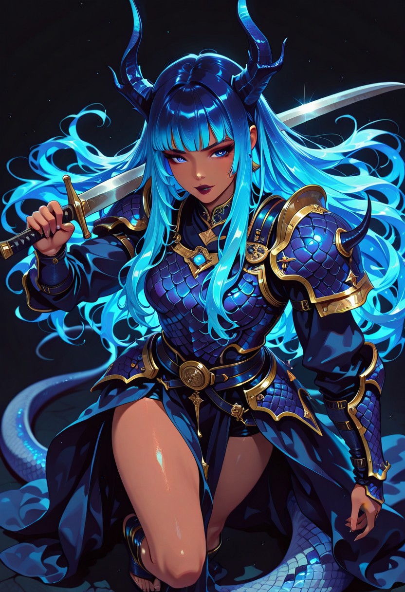 masterpiece, best quality, good quality, very aesthetic, absurdres, newest, 8K, depth of field, focused subject, in the style of cknc, artist:moriimee, in the style of cksc, BREAK
asian young demon woman, dark skin, bangs, long flowing bright blue bioluminescent hair, dragonscale armour, holding scimitar, dynamic pose, sexy, seductive, posing, dark background, silhouetted, directional lighting, viewed from above