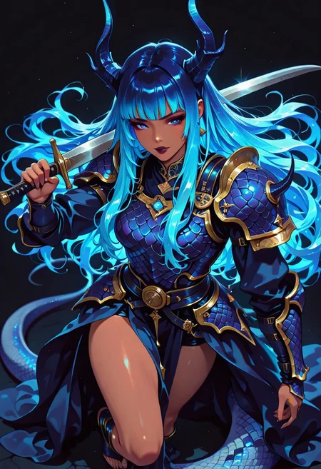 masterpiece, best quality, good quality, very aesthetic, absurdres, newest, 8K, depth of field, focused subject, in the style of cknc, artist:moriimee, in the style of cksc, BREAK
asian young demon woman, dark skin, bangs, long flowing bright blue bioluminescent hair, dragonscale armour, holding scimitar, dynamic pose, sexy, seductive, posing, dark background, silhouetted, directional lighting, viewed from above