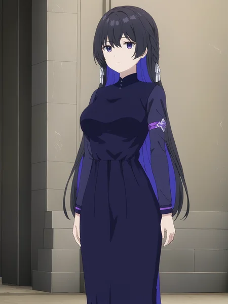 masterpiece, best quality,
<lora:tinasha.sdxl.v3:1> tinasha,
1girl, solo,
purple armband,
blue dress, long sleeves,
standing,
