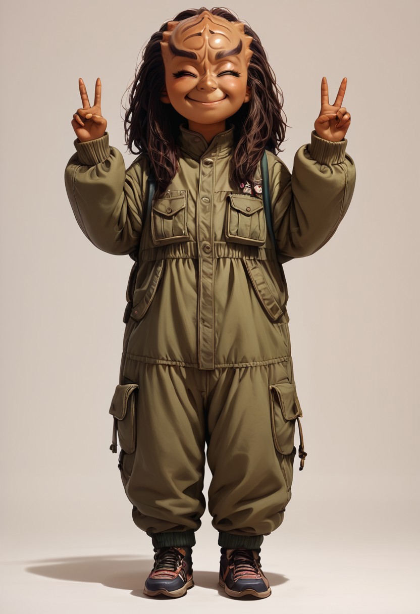 (score_9, score_8_up, score_7_up), full body anime portrait, young kling0n alien girl, forehead ridges, brown skin, long eyebrows, peace sign, holding up 2 fingers, huge smile, eyes closed