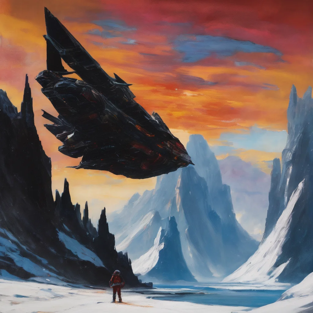 Retro-futuristic spaceship soaring through deep space, metallic surfaces reflecting bold, (bright metallic paints:1.2), above an arctic landscape, hints of a dystopian atmosphere and landscapes, sharp silhouettes, a blend of high-tech and organic shapes, dramatic contrasts of light and shadow, evokes a sense of mystery and exploration