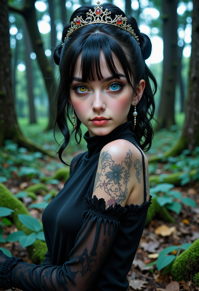 She is approximately 18 years old, she is smiling, full body view,  she is looking at the camera, multiple angles,looking at camera, photoshoot poses;  she is standing. a photo of R@in, a young woman, with black hair. her right eye is yellow, her left eye is blue, and is wearing earrings. ,is cosplaying as snow white outfit, black thigh highs, and black boots. she is wearing a crown on her head, She is looking at the camera. The photo has a vintage feel. The background is blurred, focusing the viewer's attention on  her outfit. she is sitting on a tree stump in a beautiful mythical forest. she is looking directly at the camera with a evil expression on her face.  The overall mood of the image is intense and dramatic,RAW candid cinema,16mm,color graded portra 400 film,remarkable color,ultra realistic,textured skin,remarkable detailed pupils,realistic dull skin noise,visible skin detail,skin fuzz,dry skin,shot with cinematic camera,detailed skin texture,(blush:0.2),(goosebumps:0.3),subsurface scattering,beautiful photograph in the style of Augustus John,Sergio Toppi,Virginia Frances Sterrett,8k HD,detailed skin texture,ultra realistic,textured skin,analog raw photo,cinematic grain,whimsical.Detailed hand,Perfect hand,aidmareduxstyle, aidmafluxpro1.1,Niji style