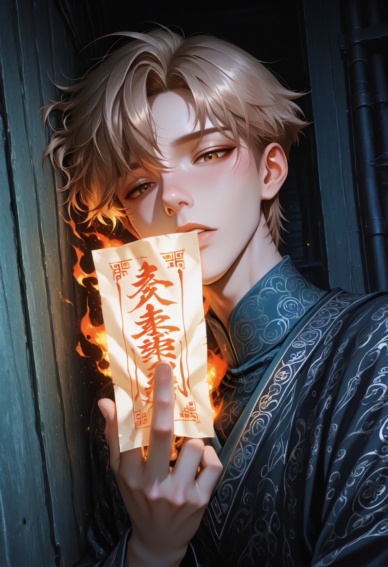 anime key visual, (boy:1.2) , manga, anime style, (mauve:1.1), (m-da_s-tarou:0.5),    
Gray and Green,  Psychedelic Art, Center the composition,  
male  eighteen solid, central asian, light brown eyes,       rectangular face shape sculpted shoulders , dark chestnut high and tight hair, sadness,  inscribing talismans with symbols, imbuing them with specific powers,   clairvoyant, invisibility and concealment , elemental burst, dynamic motion to release elemental power, otherworldly glow, hogwarts school of witchcraft and wizardry, vinyl siding, outdoor fire pit, wall washers (exterior)', 
ccd, male focus, gay, yaoi, solo, short hair, 
Qing dynasty clothing, talisman in hand,cinematic, dramatic angle, dynamic lighting, depth of field, bloom, chromatic aberration, chiaroscuro, subsurface scattering, masterpiece, best quality, absurdres, newest, detailed background, intricate details, Storytelling, visual impact, perfect light and shadow balance,  <lora:illu\enhance\ACC_Improve_ILL2_V1_PAseer.safetensors:1.0:1.0> <lora:illu\enhance\ppw_v7_Illuv1.0.safetensors:0.5000000000000001:0.5000000000000001> <lora:illu\enhance\CCD-IL-000009.safetensors:0.5000000000000001:0.5000000000000001> <lora:illu\charactor\Illustrious男友秘密花园_v1.0.safetensors:0.6000000000000001:0.6000000000000001> <lora:illu\new\TrendCraft_The_Peoples_Style_Detailer-v2.4I-5_18_2025-Illustrious.safetensors:0.30000000000000004:0.30000000000000004>