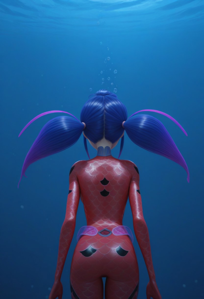 1girl, solo, aquabug, red bodysuit, twintails, long hair, gradient hair, blue hair, purple hair, ((underwater, air bubbles, air bubble)), blue water, view from behind, from behind, back, back view