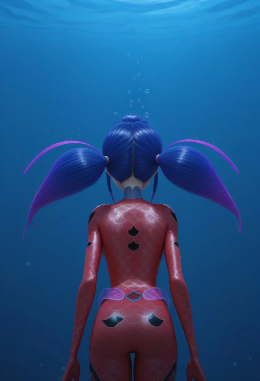 1girl, solo, aquabug, red bodysuit, twintails, long hair, gradient hair, blue hair, purple hair, ((underwater, air bubbles, air bubble)), blue water, view from behind, from behind, back, back view