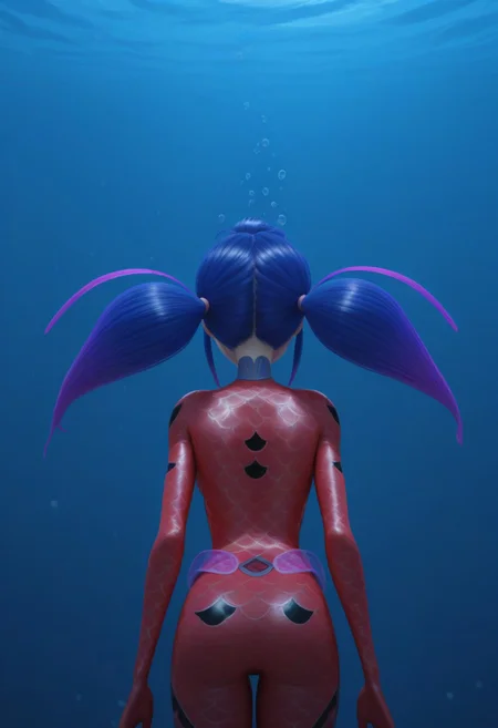 1girl, solo, aquabug, red bodysuit, twintails, long hair, gradient hair, blue hair, purple hair, ((underwater, air bubbles, air bubble)), blue water, view from behind, from behind, back, back view