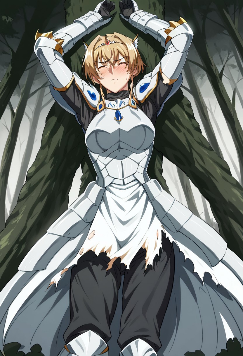 1girl, blush, armor, ArmoredDress, broken armor, torn clothes, defeat, princess, tiara, forest, BREAK score_9, score_8_up, score_7_up, best quality, masterpiece, 4k, prefect lighting, rating_explicit, very aesthetic, zPDXL2, uncensored, <lora:h:1.1>, huracan
