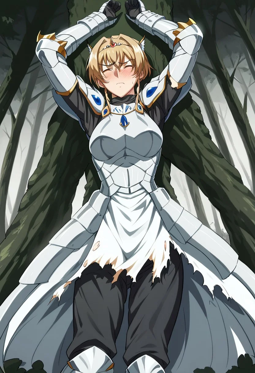 1girl, blush, armor, ArmoredDress, broken armor, torn clothes, defeat, princess, tiara, forest, BREAK score_9, score_8_up, score_7_up, best quality, masterpiece, 4k, prefect lighting, rating_explicit, very aesthetic, zPDXL2, uncensored, <lora:h:1.1>, huracan
