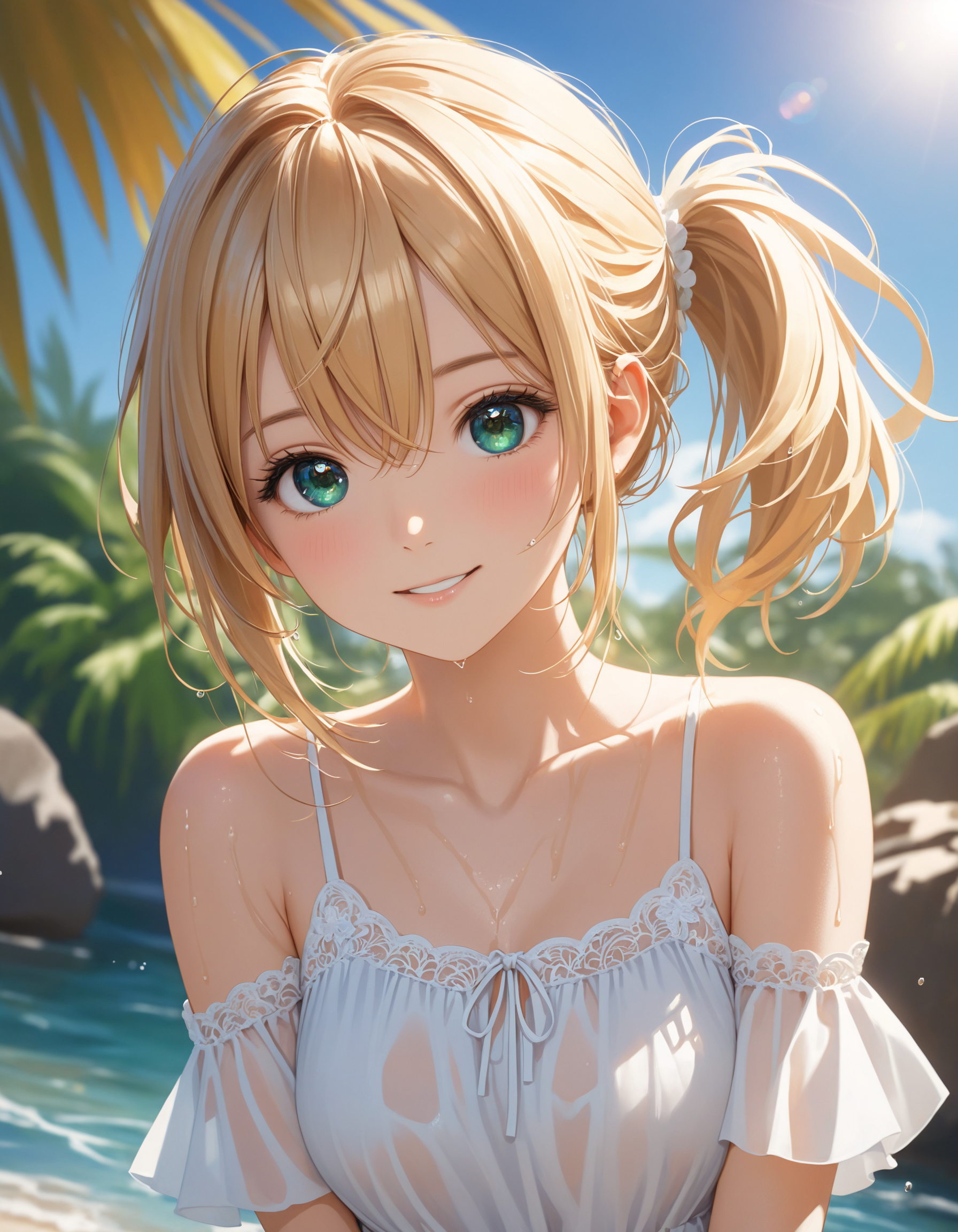 SceneDescription:
  - Composition: Upper body shot. Cinematic angle.
  - Subject: A cute girl.
    - Characteristics:
      - Face: (Round face:1.2).
      - Eyes: Detailed dark-green eyes.
      - Hair: Medium hair, (side ponytail:1.1), blonde hair, ahoge and hair between eyes.
      - Body: Detailed slender body. Medium breasts.
      - Clothing: White chiffon sundress and ruffled short sleeves.
        - Elements: (Wet overflow). (Wet hair). (Wet body). (Wet clothes).
      - Expression: Amused expression.
      - Posing: Dynamic pose. Looking at viewer. Put in water.
  - Background: Fashionable beach.
    - Elements: Palm tree. (Rocks:0.7). Lush greenery. Blue sky. Lens flare.
Time: Daytime.
Season: Summer.
Lighting: (Sunbeam:1.4).
ArtStyle: Photorealistic.
Quality: Intricate details. Extremely detailed. Outstanding intricacies. (Masterpiece:1.2). (Best quality:1.2). (Absurdres absolutely resolution:1.4).
Mood: Serene atmosphere.