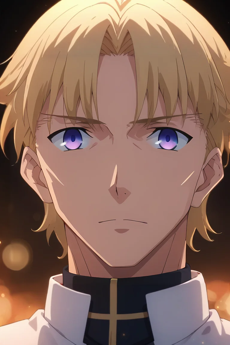 score_9, score_8_up, score_7_up, source_anime, rating_safe, , , looking at viewer, upper body, depth of field, 1boy, male focus, peach eyes, light blonde hair, ,, solo, Celestial Glimmer, <lora:fsn_ubw_style_pony:0.76>, fsn_ubw_style, <lora:sdxl_lightning_8step_lora:1>