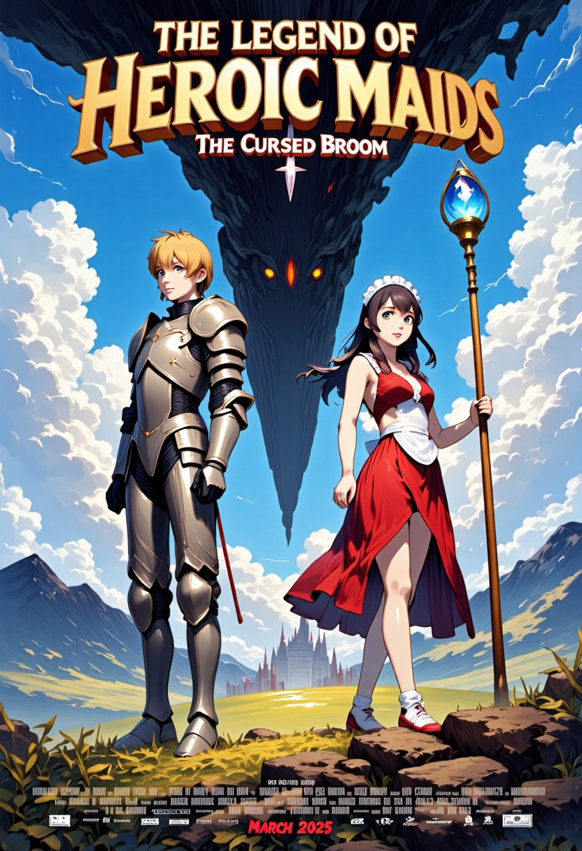 Concept:
A masterpiece high quality poster for an theatrical anime movie.
Style:
4k quality professional anime poster art with vivid vibrant colors, cel-shaded characters, perfect text title, mvpstrCE style, detail eyes, retro_anime.
Main Text:
The title of the movie is  ("THE LEGEND OF HEROIC MAIDS") written at the top in bold large fantasy font with golden trim, and an underline, there is a subtitle under it saying ("The Cursed Broom") in simple yellow fantasy font.
The Characters:
On the Right Side stands a regal blonde female knight in a fancy decorated full plate armor holding a metal broom with a blade at its tip, she is also wearing a long apron and frilly maid headdress on top of her armor, she is standing in sideview but looking at viewer, she has blue eyes.
On the Left Side stands a gorgeous brunette witch wearing a red frilly fancy sleeveless dress and she is holding a magical broom with blue magical crystal at its tip, she is wearing a fancy apron and frilly maid headdress on top of her dress, she is standing in sideview but looking at viewer, she has green eyes.
The Background: 
Vast grassy hills, mountains, epic castle in the distance, a silhouette of a giant evil broom towering over the landscape shrouded in mist infused with dark magic, majestic anime clouds frame scene.
Additional Text At Bottom of Poster:
At the bottom names of fake voice actors usually seen on anime posters, including a release date in ("March 2026") in a red font.