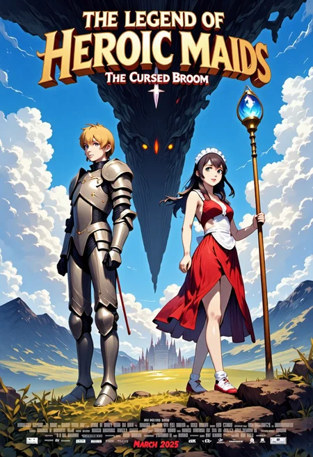 Concept:
A masterpiece high quality poster for an theatrical anime movie.
Style:
4k quality professional anime poster art with vivid vibrant colors, cel-shaded characters, perfect text title, mvpstrCE style, detail eyes, retro_anime.
Main Text:
The title of the movie is  ("THE LEGEND OF HEROIC MAIDS") written at the top in bold large fantasy font with golden trim, and an underline, there is a subtitle under it saying ("The Cursed Broom") in simple yellow fantasy font.
The Characters:
On the Right Side stands a regal blonde female knight in a fancy decorated full plate armor holding a metal broom with a blade at its tip, she is also wearing a long apron and frilly maid headdress on top of her armor, she is standing in sideview but looking at viewer, she has blue eyes.
On the Left Side stands a gorgeous brunette witch wearing a red frilly fancy sleeveless dress and she is holding a magical broom with blue magical crystal at its tip, she is wearing a fancy apron and frilly maid headdress on top of her dress, she is standing in sideview but looking at viewer, she has green eyes.
The Background: 
Vast grassy hills, mountains, epic castle in the distance, a silhouette of a giant evil broom towering over the landscape shrouded in mist infused with dark magic, majestic anime clouds frame scene.
Additional Text At Bottom of Poster:
At the bottom names of fake voice actors usually seen on anime posters, including a release date in ("March 2026") in a red font.