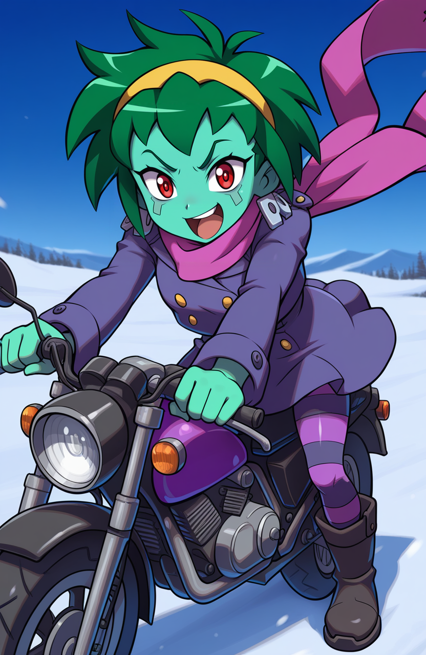 1girl, solo,  <lora:PiratesCurse:1> prtcrs,
rottytops, green skin, green hair, short hair, red eyes, winter outfit, double-breasted coat, short skirt, striped pantyhose, boots, ribbon scarf,
outdoors, cyberpunk, on motorbike, floating hair, looking at viewer, close-up, excited expression, extremely detailed, highres, masterpiece, best quality