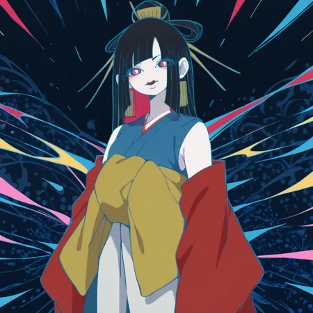 Papercut collage of score_9, score_8_up, score_7_up, score_6_up, score_5_up BREAK t1u5, 1girl, mole under mouth, colored sclera, pink eyes, symbol-shaped pupils, long hair, black hair, blue kimono, sleeveless, earrings, hair stick, hime cut, sidelocks, hair ornament, colored inner hair, yellow obi, red sleeves, detached sleeves, cowboy shot, pale skin, looking at viewer, solo, <lora:tukiGirlPDXL16v0.95cametx1-000008:0.8>, Mixed media, textured paper, overlapping, asymmetrical, abstract, vibrant