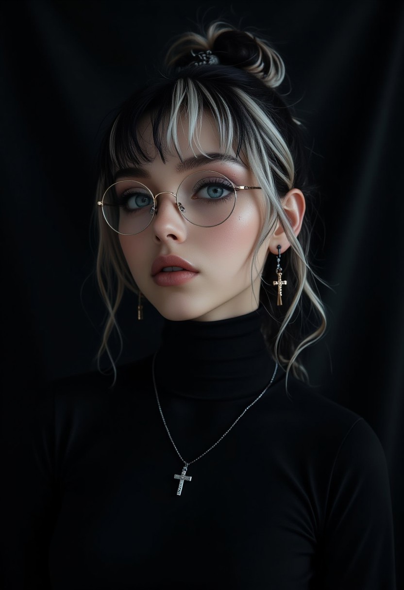 a cute woman, wearing skin tight black turtle neck, round glasses, blue eyes, black hair, white hair, multicolored hair, goth makeup, cross earrings, cross necklace, soft lighting, dark background, high-resolution, (hi-top fade), (dark theme:0.9), soothing tones, muted colors, high contrast, (natural skin texture, hyperrealism, soft light, sharp)