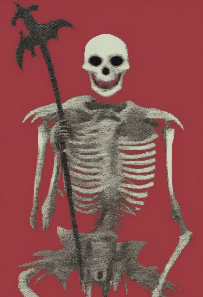 vermis style, solo, weapon, no humans, red background, monster, skeleton, horror \(theme\),  <lora:VermisStyleXL:0.8>