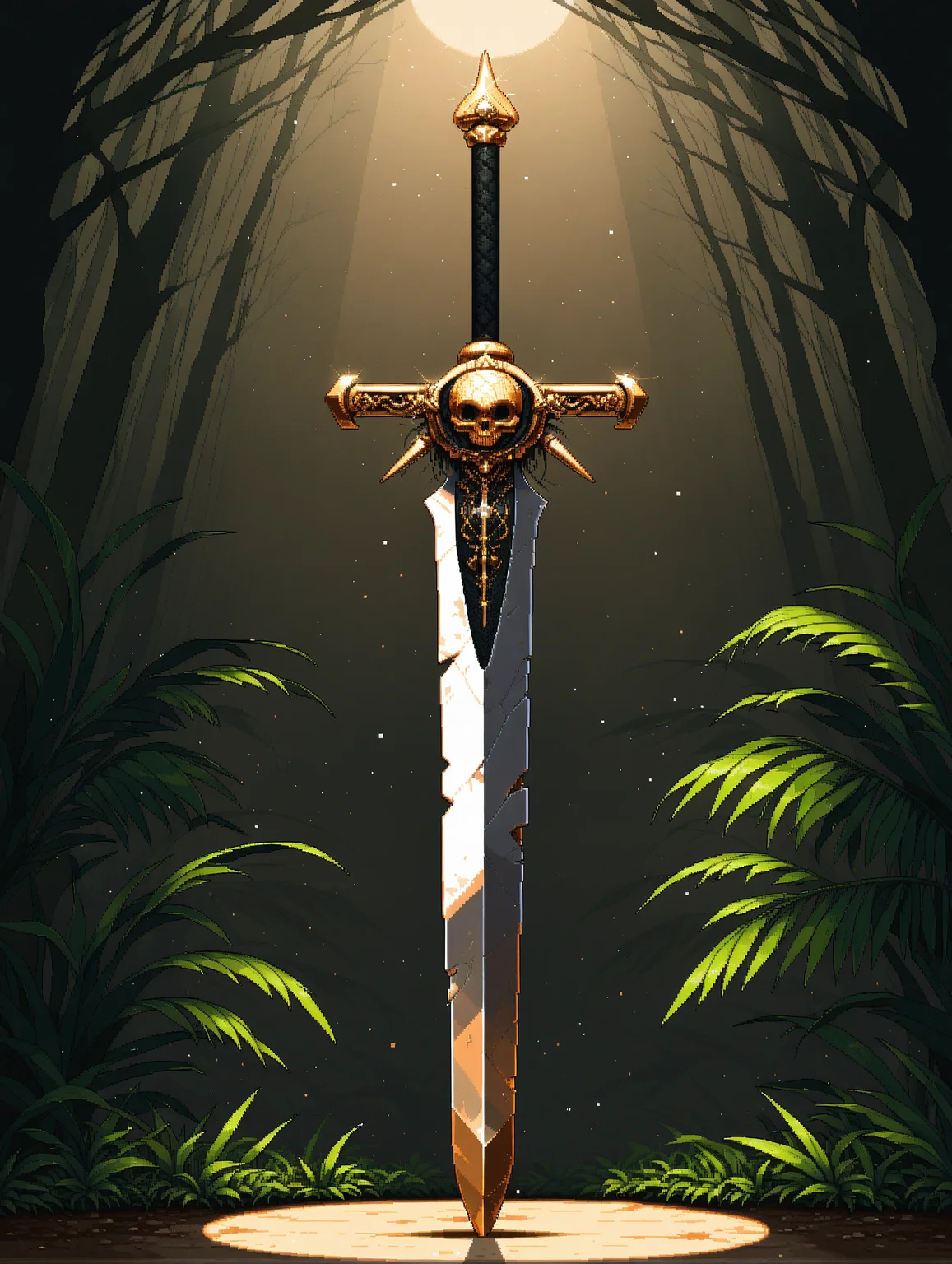 planted sword, weapon focus, general,
pixel art, sprite art, dutch angle, nature background, full body, solo, (skull ornament:0.4), (rust:0.5), shiny, feathers, light particles, spotlight, 
,masterpiece,best quality,amazing quality,