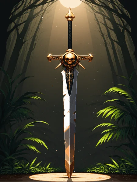 planted sword, weapon focus, general,
pixel art, sprite art, dutch angle, nature background, full body, solo, (skull ornament:0.4), (rust:0.5), shiny, feathers, light particles, spotlight,
,masterpiece,best quality,amazing quality,