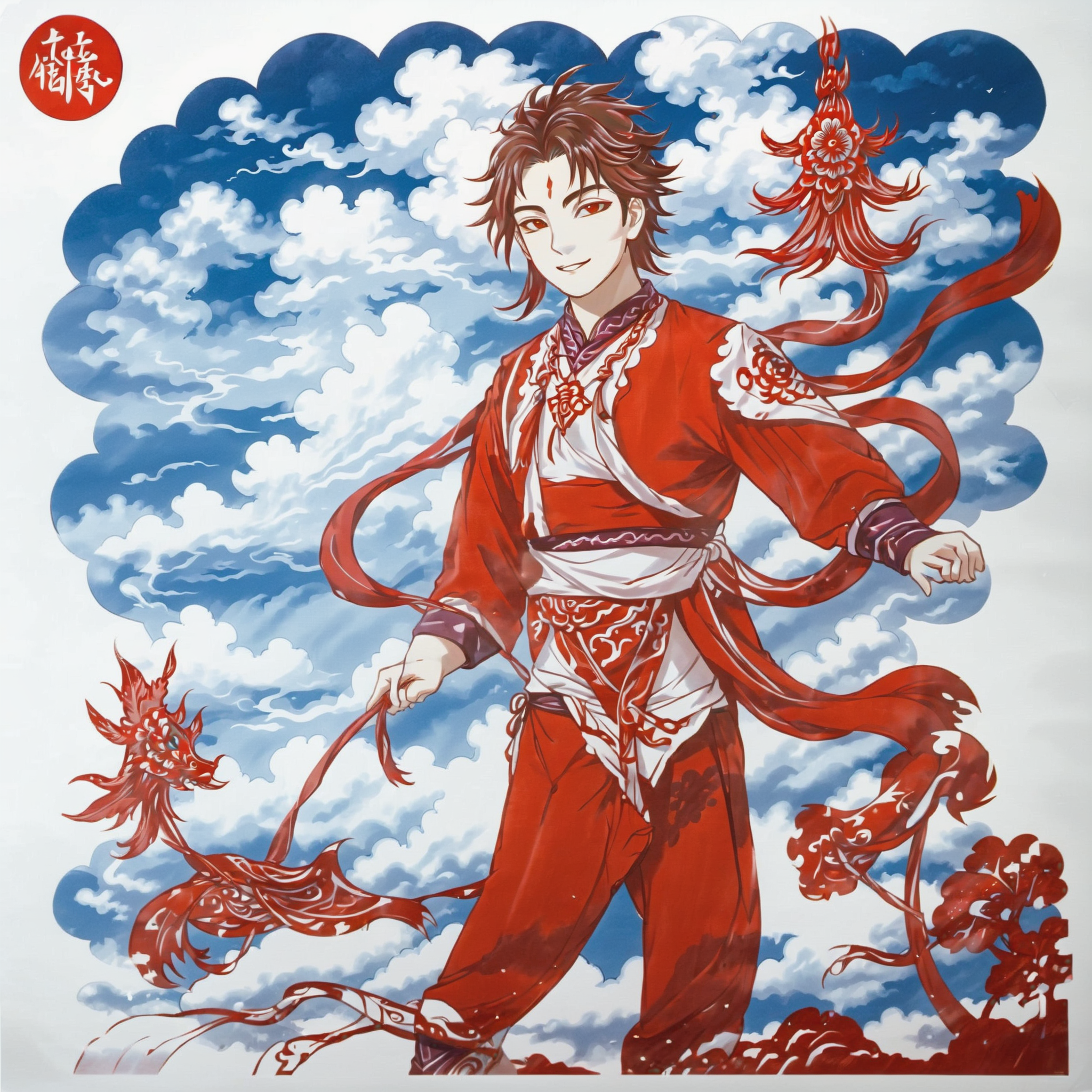 The image depicts a handsome man leisurely strolling amongst the clouds, rendered in the traditional Chinese paper-cut art style in red and white. His figure is sleek and poised, with a confident and relaxed expression. His hairstyle is modern and well-groomed, complementing his sharp, attentive eyes and a subtle, charming smile. He is dressed in a stylish, contemporary outfit that harmonizes with the ethereal cloud surroundings. The striking red of his attire vividly contrasts against the pristine white background, enhancing the visual appeal of the artwork. The man's silhouette and the clouds around him are cut with precision, showcasing the intricate skill of Chinese paper-cut art,<lora:Xiaox_xl:0.6>,(\xiao\), <lora:cn_paper_cut:0.8>