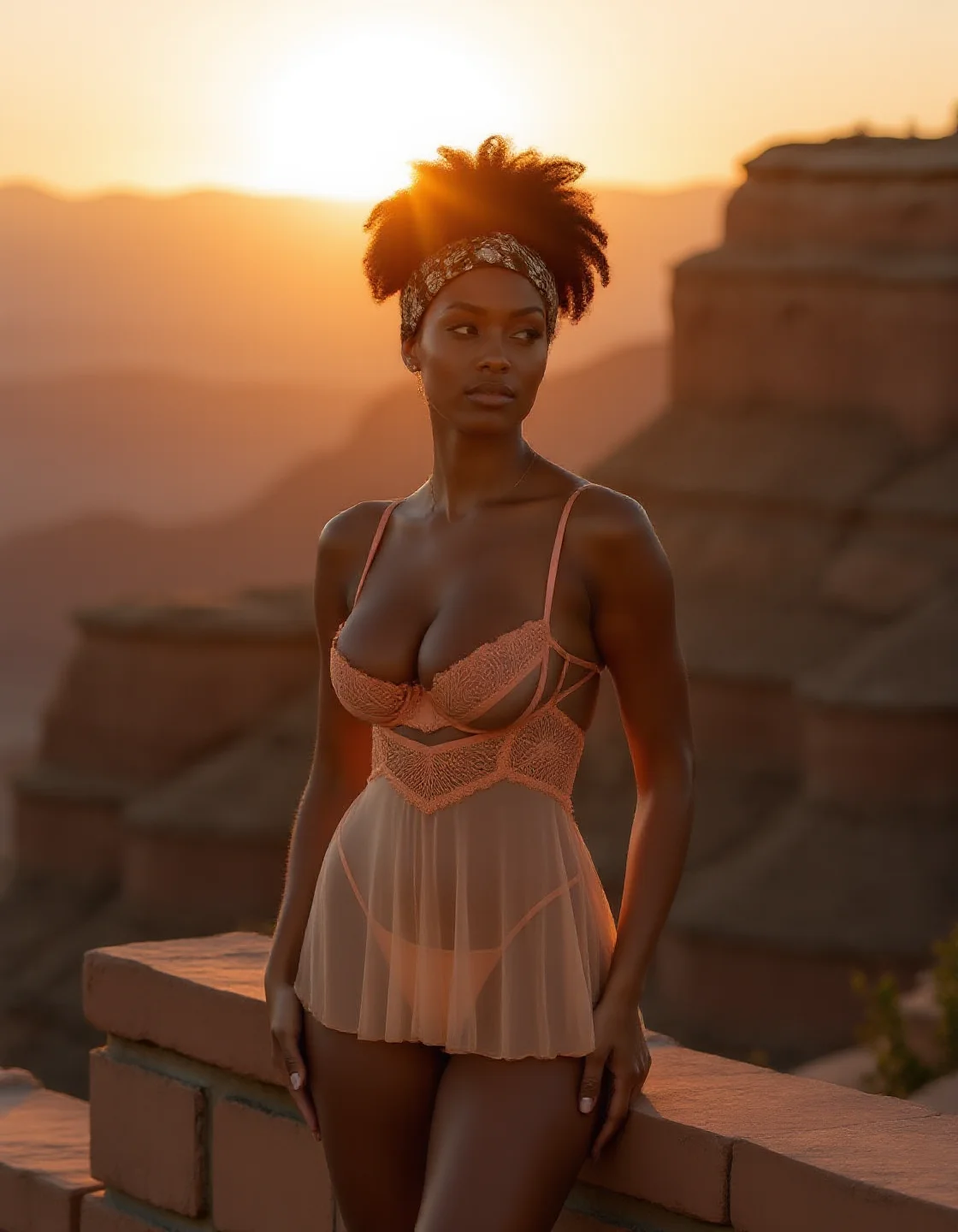 a striking woman posing for a seductive photograph, The Silhouetted Siren: Stand or sit in a sensual pose and position yourself so that the light source is behind you. This technique emphasizes your shape and can be done with or without clothing., Light burgundy brown hair, Afro with a floral headband, Arizona Canyon Overlook, Cliff edge overlooking a vast expanse of red rock formations, a lone hawk circling overhead, the sound of rushing wind echoing through the canyon, the sun painting the sky in hues of orange and pink, from above, <lora:oh-la-la-cheri-hazel-peek-a-boo-babydoll-dress:1> peekaboo_babydoll, see through babydoll dress, Celestial Sapphire babydoll dress
